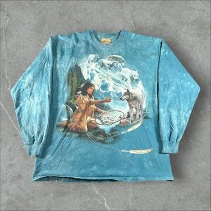 Vintage The Mountain‎ Shirt Mens XL Blue Native American Wolves Tie Dye Nature